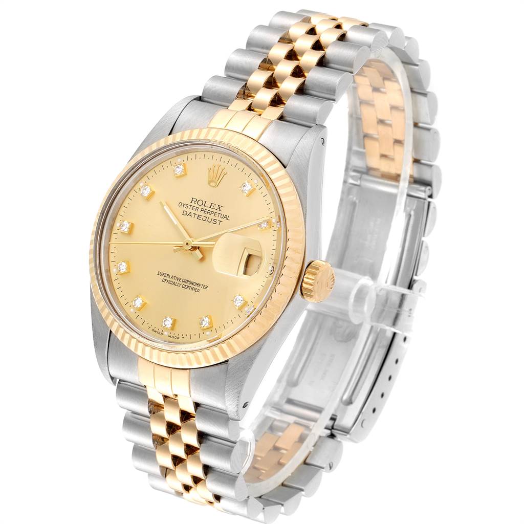 The Rolex Vintage Collection 16013 Men's Stainless Steel Champagne Dial 16013 Men's Stainless Steel Champagne Dial model is shown at a three-quarter angle, displaying its gold and silver band, face, and crown.