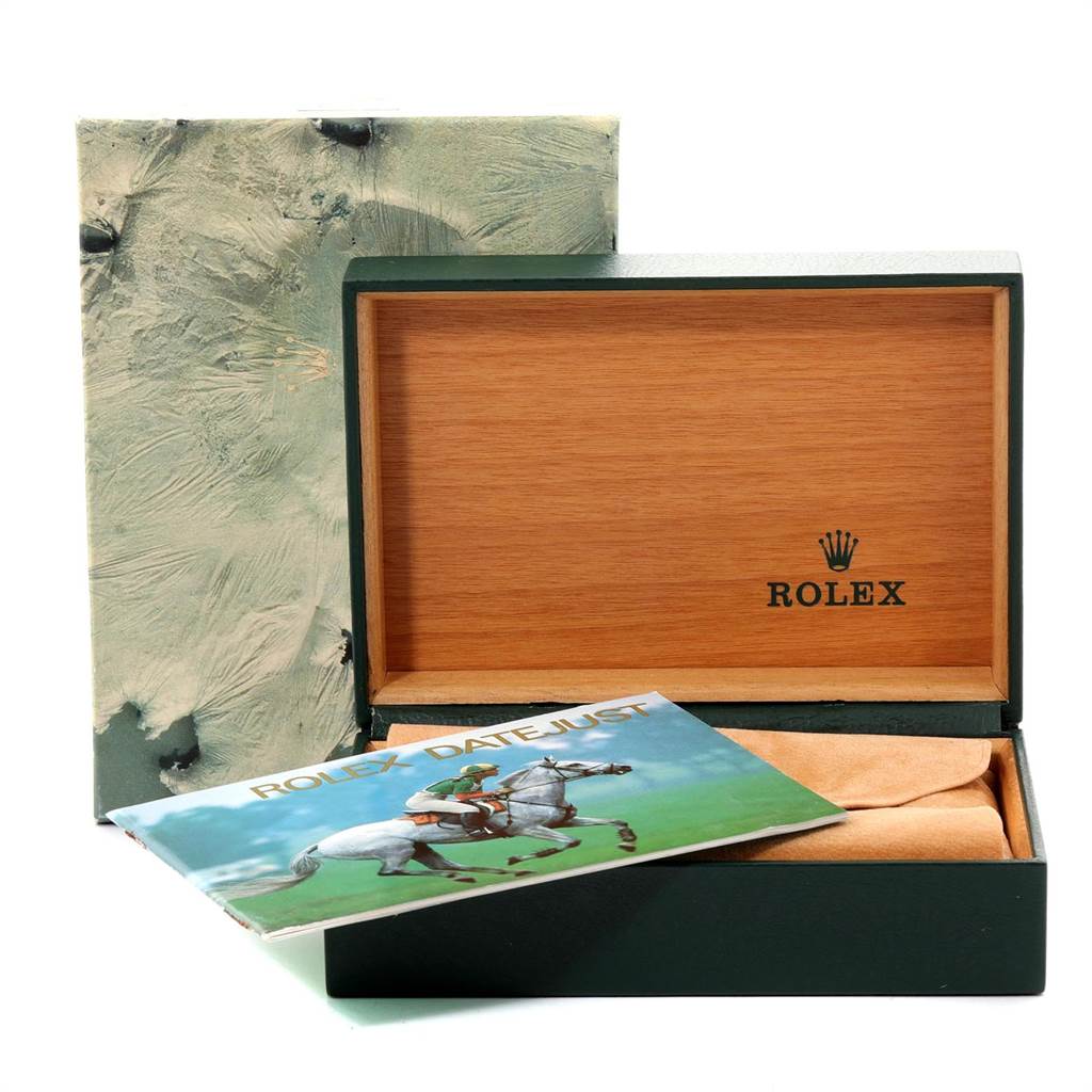 This image shows an open Rolex Vintage Collection 16013 Men's Stainless Steel Champagne Dial 16013 Men's Stainless Steel Champagne Dial watch box and a booklet with the "Rolex Datejust" model name.