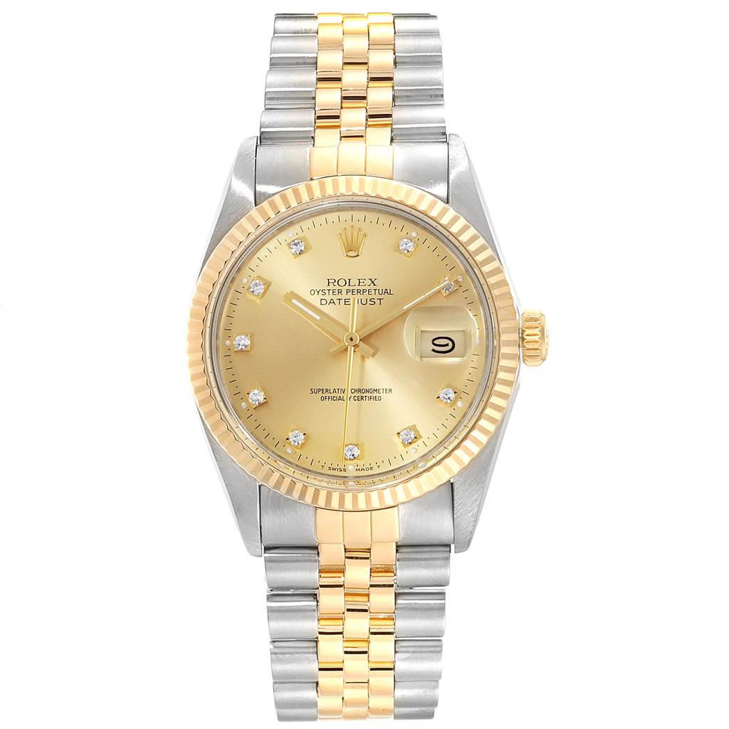 This image shows a front view of the Rolex Vintage Collection 16013 Men's Stainless Steel Champagne Dial 16013 Men's Stainless Steel Champagne Dial Datejust, highlighting its gold dial, date window, and two-tone bracelet.