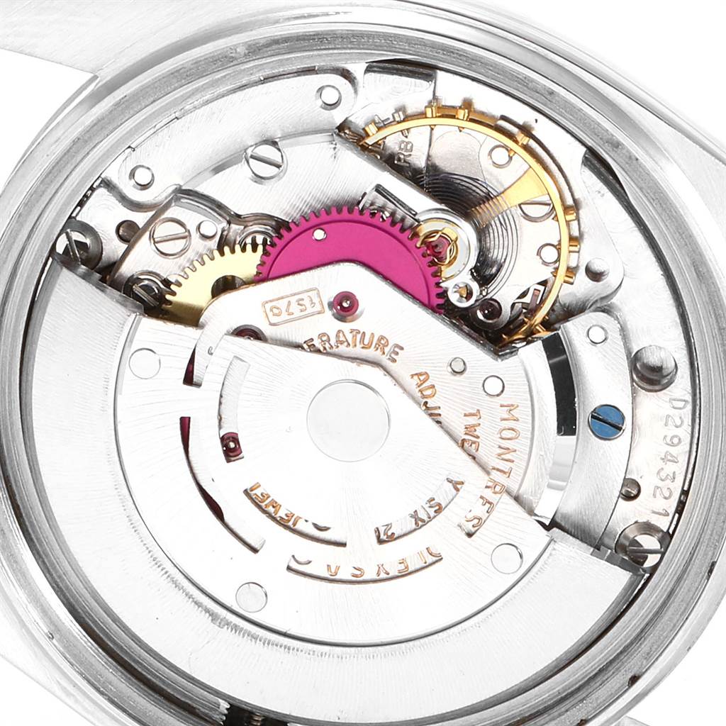 The image shows the intricate inner mechanism of the Rolex Vintage Collection 1603 Men's Stainless Steel Green Dial 1603 Men's Stainless Steel Green Dial model from a top-down angle.