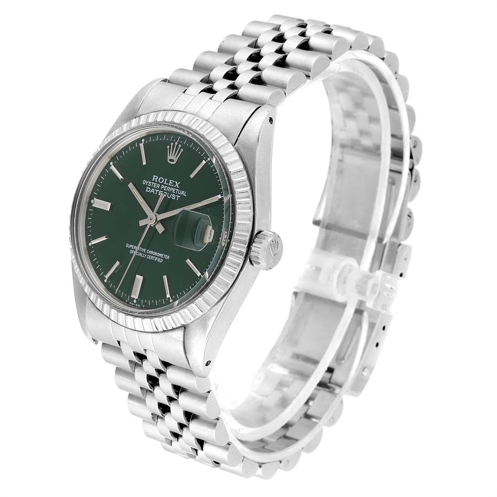 The Rolex Vintage Collection 1603 Men's Stainless Steel Green Dial 1603 Men's Stainless Steel Green Dial watch is shown from a front-left angle, highlighting the dial, bezel, crown, and band.