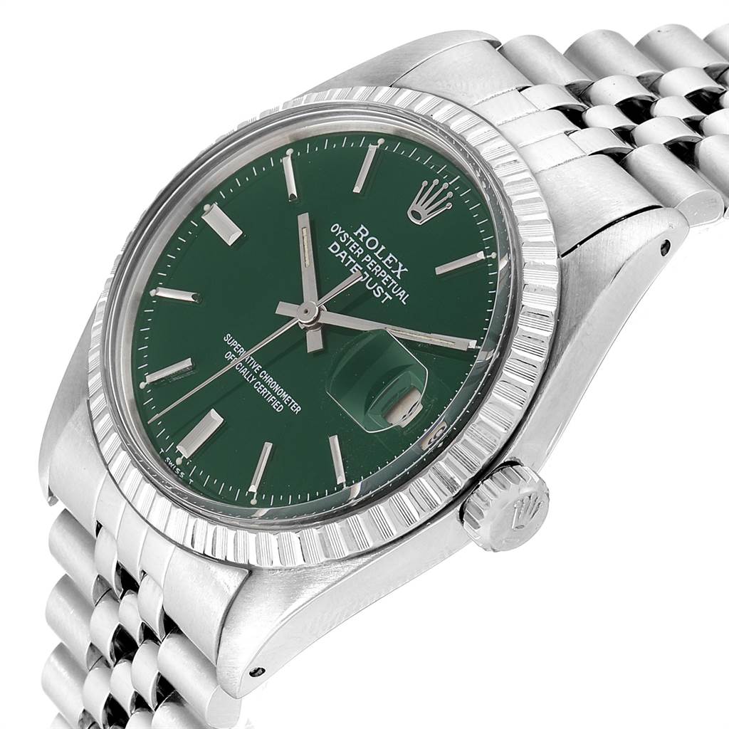 The image shows a side angle of the Rolex Vintage Collection 1603 Men's Stainless Steel Green Dial 1603 Men's Stainless Steel Green Dial watch, highlighting its green dial, bezel, and bracelet.