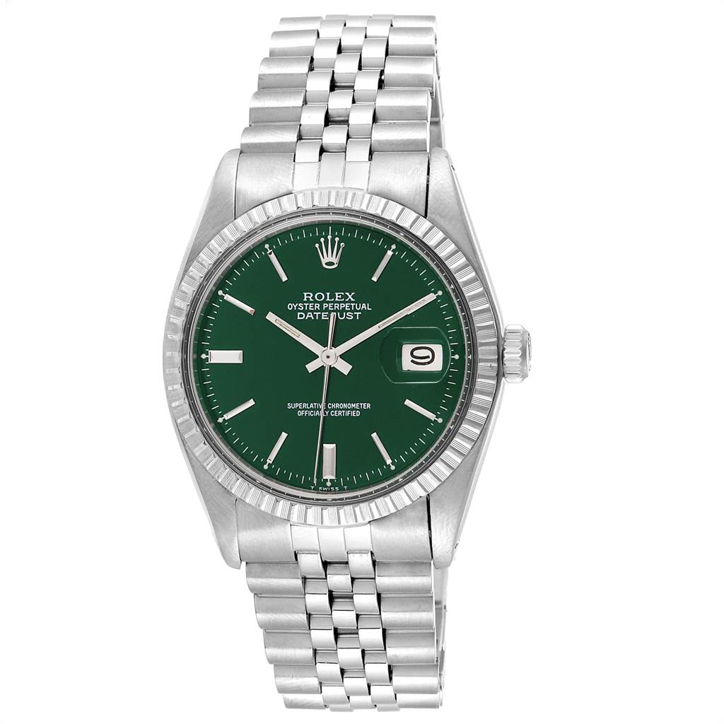 The image shows a frontal view of the Rolex Vintage Collection 1603 Men's Stainless Steel Green Dial 1603 Men's Stainless Steel Green Dial Oyster Perpetual Datejust, highlighting the green dial and jubilee bracelet.