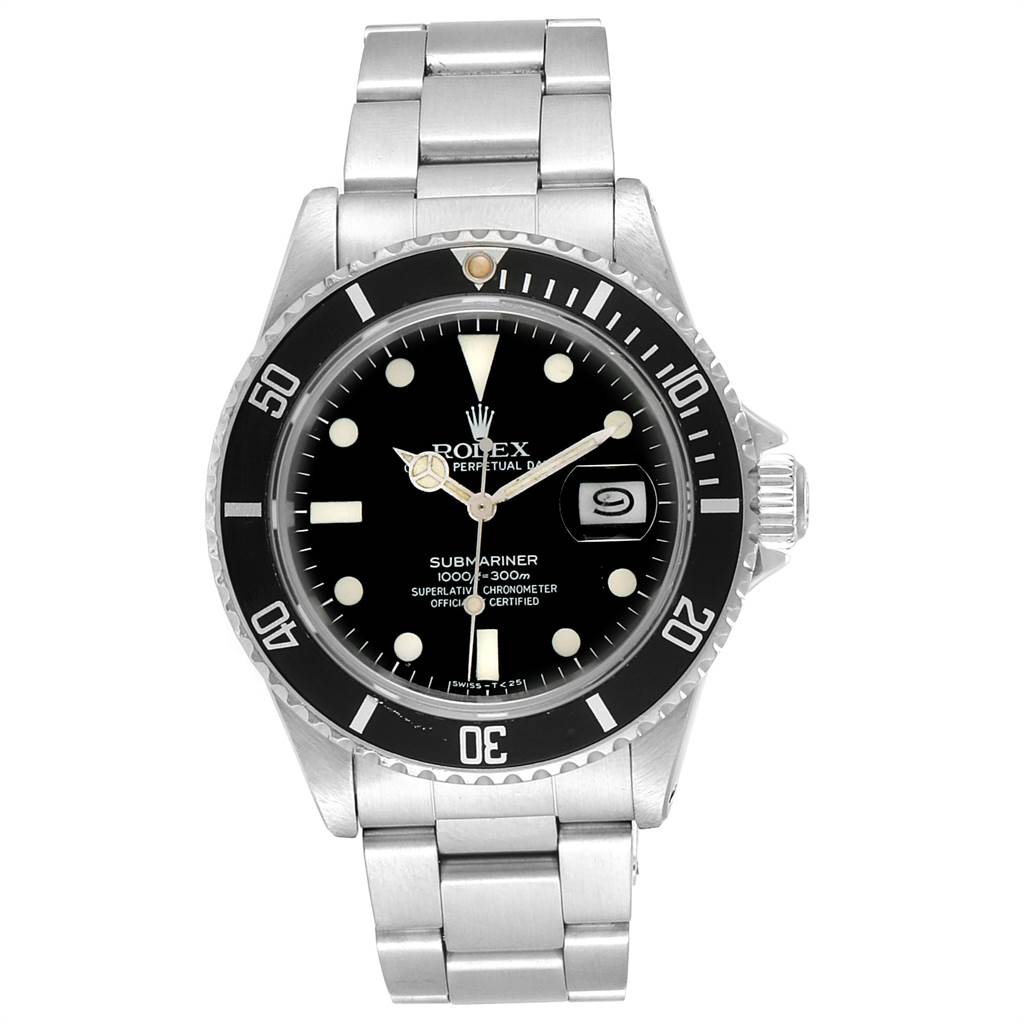 This image shows a Rolex Vintage Collection 16800 Men's Stainless Steel Black Dial 16800 Men's Stainless Steel Black Dial Submariner watch from a front angle, highlighting the watch face, bezel, and bracelet.