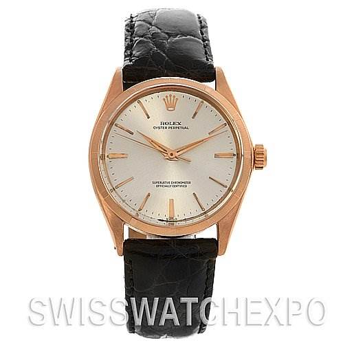 The image shows a front view of the Rolex Vintage Collection 1003 Stainless Steel Silver Dial 1003 Stainless Steel Silver Dial watch, featuring its dial, hands, crown, and leather strap.