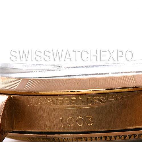 This image shows a close-up side view of the Rolex Vintage Collection 1003 Stainless Steel Silver Dial 1003 Stainless Steel Silver Dial watch case, highlighting the registered design number 1003.
