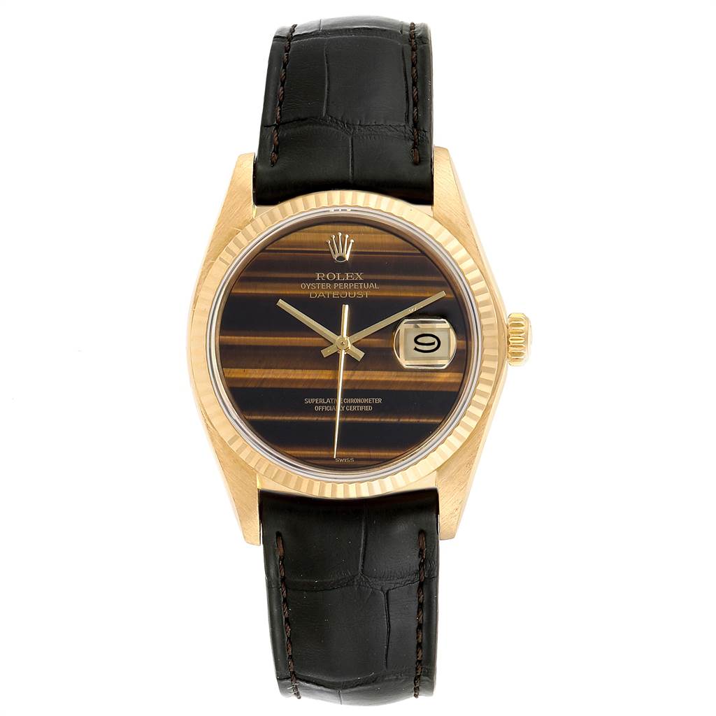 The image shows a front view of a Vintage Collection Rolex Oyster Perpetual Datejust watch with a black leather strap.