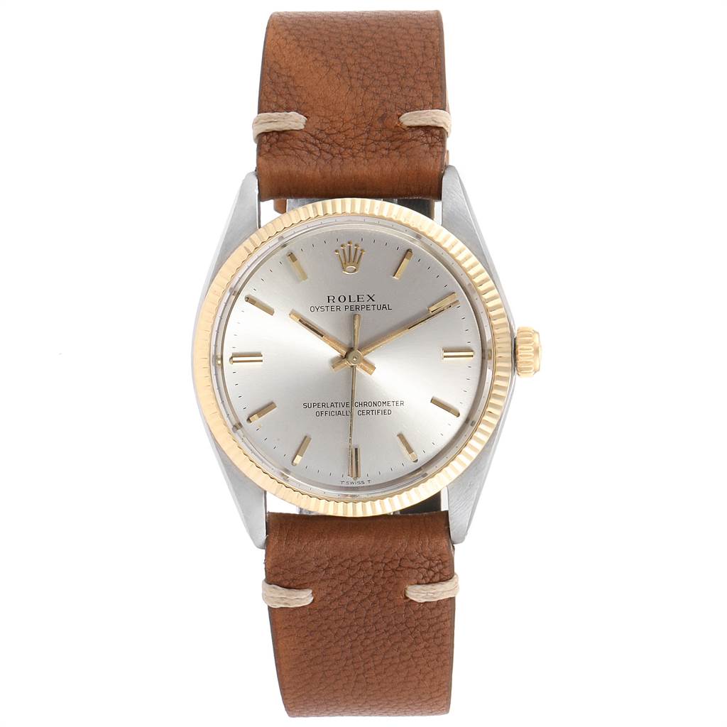 The Rolex Vintage Collection 1005 Men
s Steel and Gold (two tone) Silver Dial 1005 Men
s Steel and Gold (two tone) Silver Dial model is shown from a top view, displaying the face, bezel, crown, and leather strap.