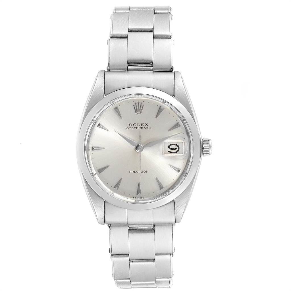 The image shows a front view of the Rolex Vintage Collection 6694 Men's Stainless Steel Silver Dial 6694 Men's Stainless Steel Silver Dial Oysterdate watch, displaying the face, dial, and metal bracelet.