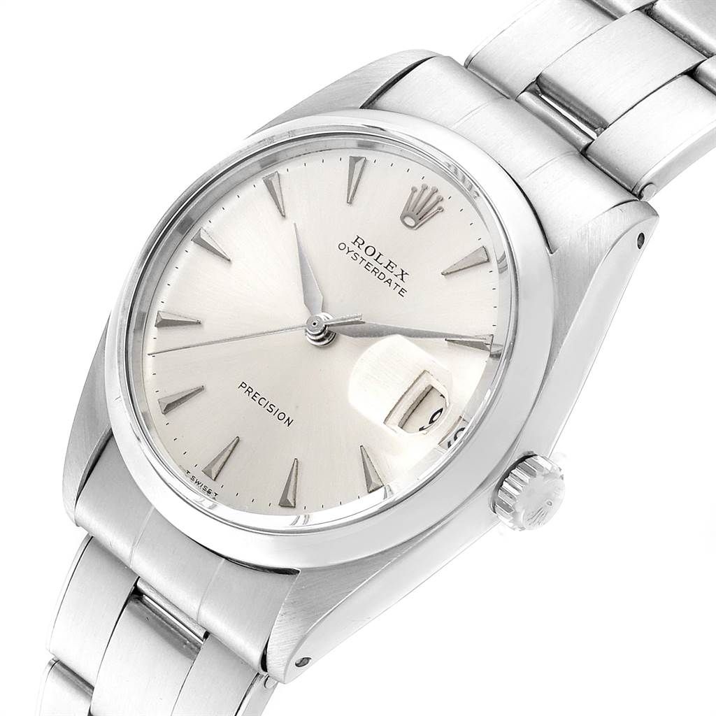 This is a close-up, angled view of the face, case, and bracelet of a Rolex Vintage Collection 6694 Men's Stainless Steel Silver Dial 6694 Men's Stainless Steel Silver Dial Oysterdate model watch.