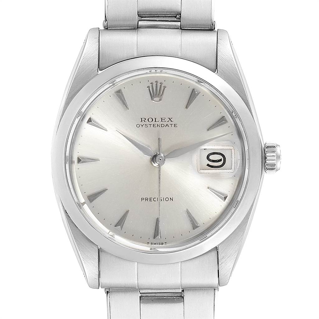 This image shows a front view of a Rolex Vintage Collection 6694 Men's Stainless Steel Silver Dial 6694 Men's Stainless Steel Silver Dial Oysterdate watch, featuring a silver dial and date window at 3 o'clock.