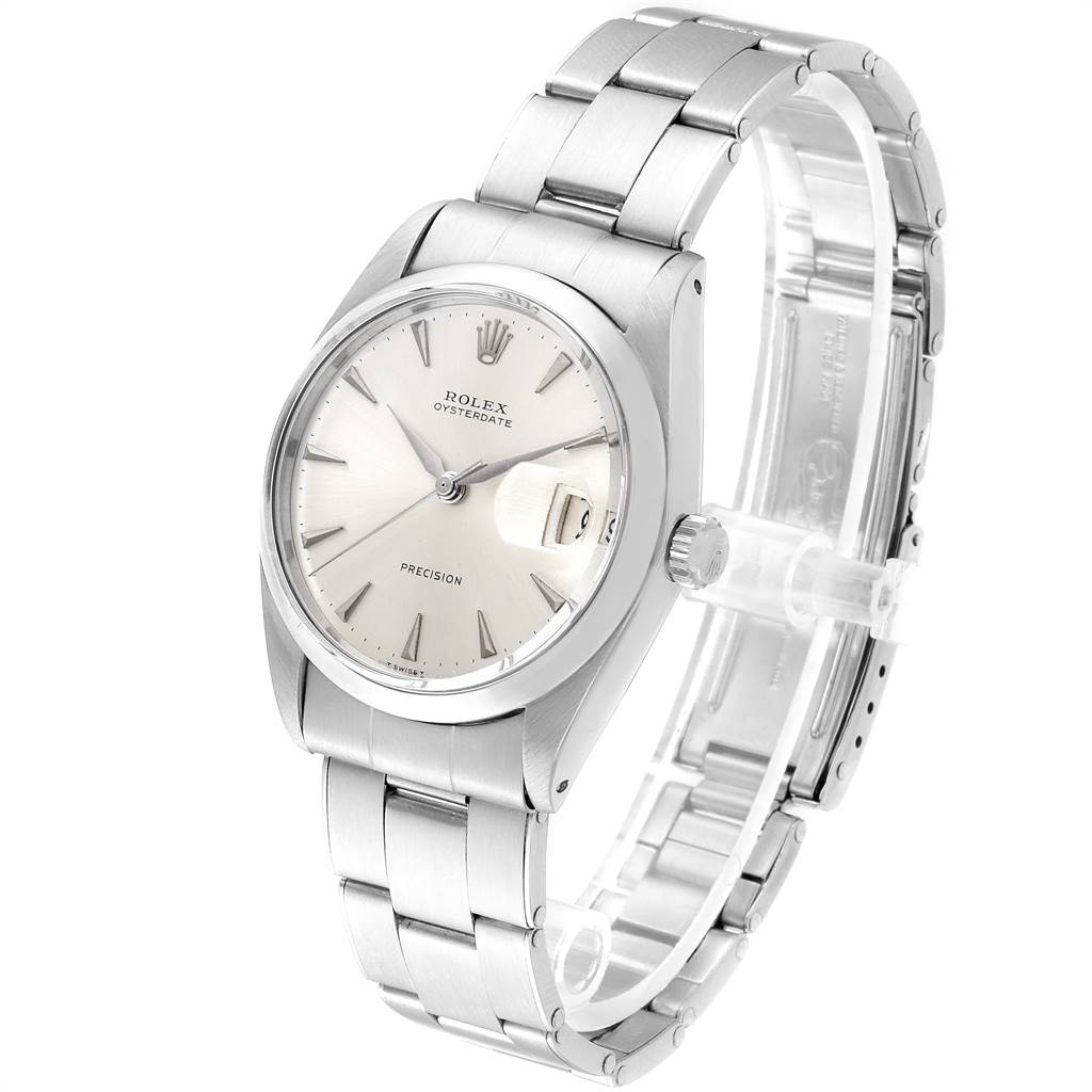 The image shows a side angle of the Rolex Vintage Collection 6694 Men's Stainless Steel Silver Dial 6694 Men's Stainless Steel Silver Dial model watch, highlighting the dial, crown, and bracelet.