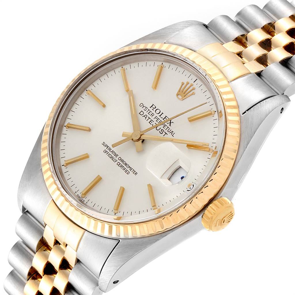 The image shows a Rolex Vintage Collection 16013 Men's Stainless Steel Silver Dial 16013 Men's Stainless Steel Silver Dial Datejust watch from an angled top view, highlighting the dial, bezel, crown, and part of the bracelet.