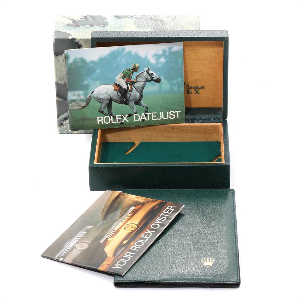 The image shows a Vintage Collection Rolex watch box, open, displaying Rolex Datejust booklets and a green leather pouch.