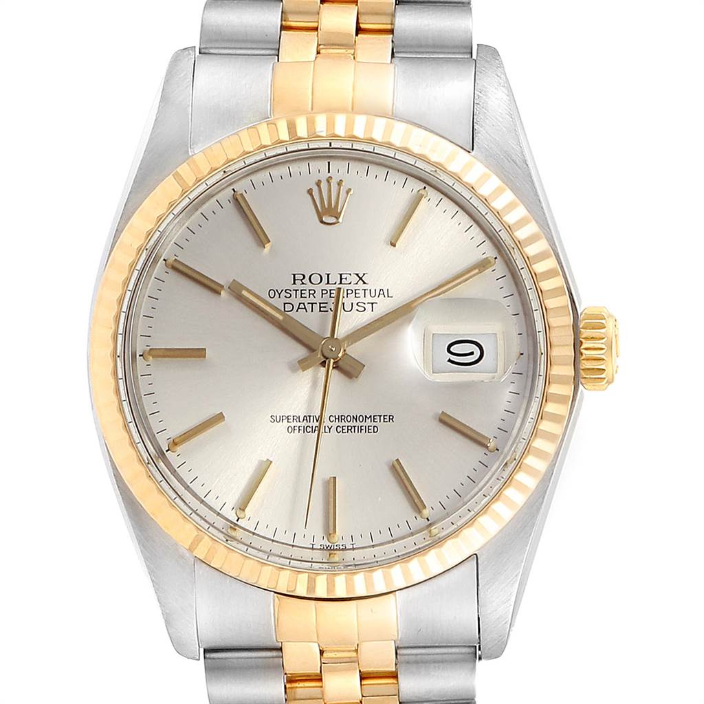 The image shows a frontal view of the Rolex Vintage Collection 16013 Men's Stainless Steel Silver Dial 16013 Men's Stainless Steel Silver Dial Datejust, highlighting its dial, case, and partial bracelet.