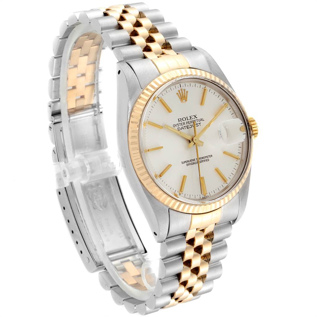 The image shows a Rolex Vintage Collection 16013 Men's Stainless Steel Silver Dial 16013 Men's Stainless Steel Silver Dial watch from an angle that highlights the face, bezel, and two-tone metal band.