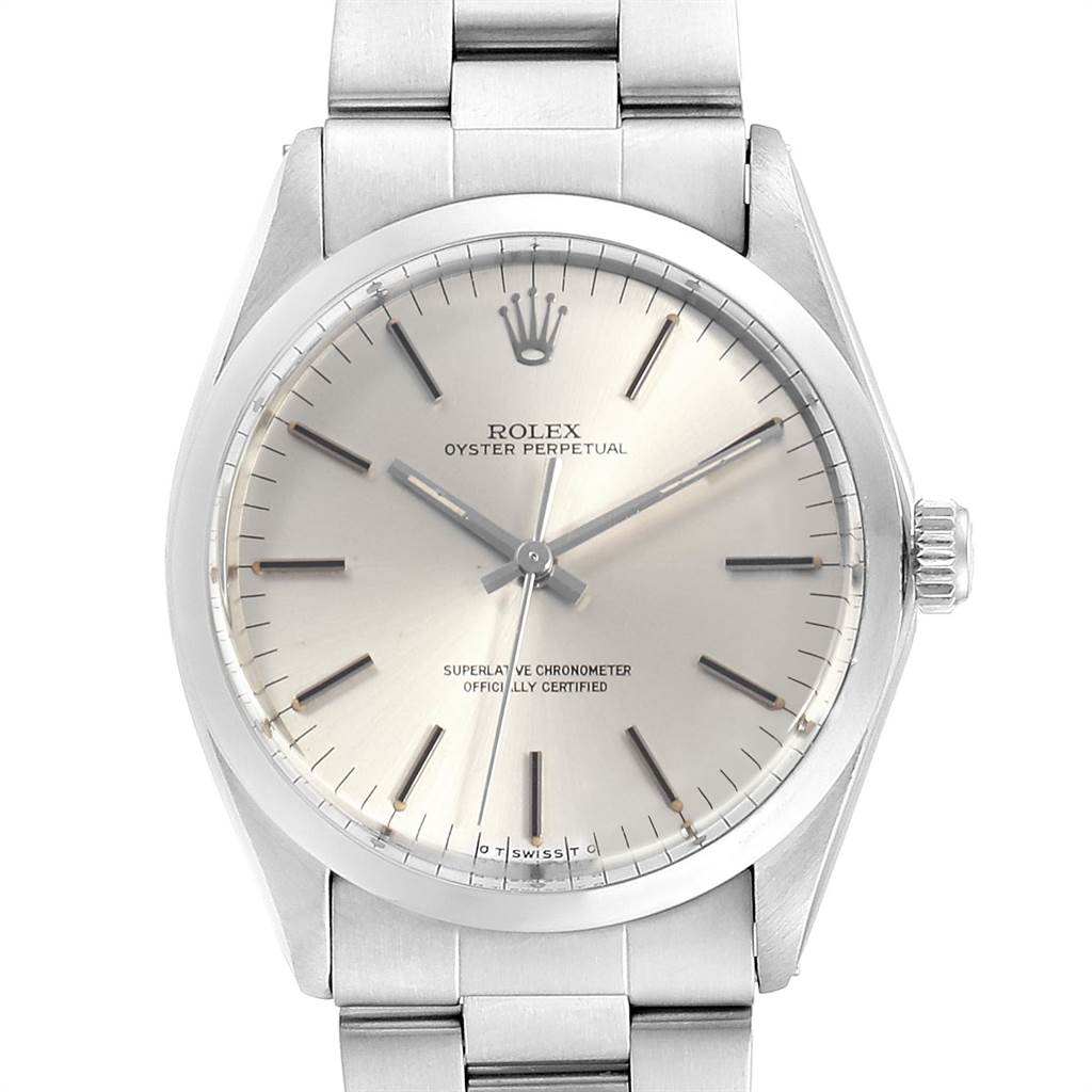 The image shows a front view of the Rolex Vintage Collection 1002 Men's Stainless Steel Silver Dial 1002 Men's Stainless Steel Silver Dial Oyster Perpetual watch, highlighting its face and metal bracelet.