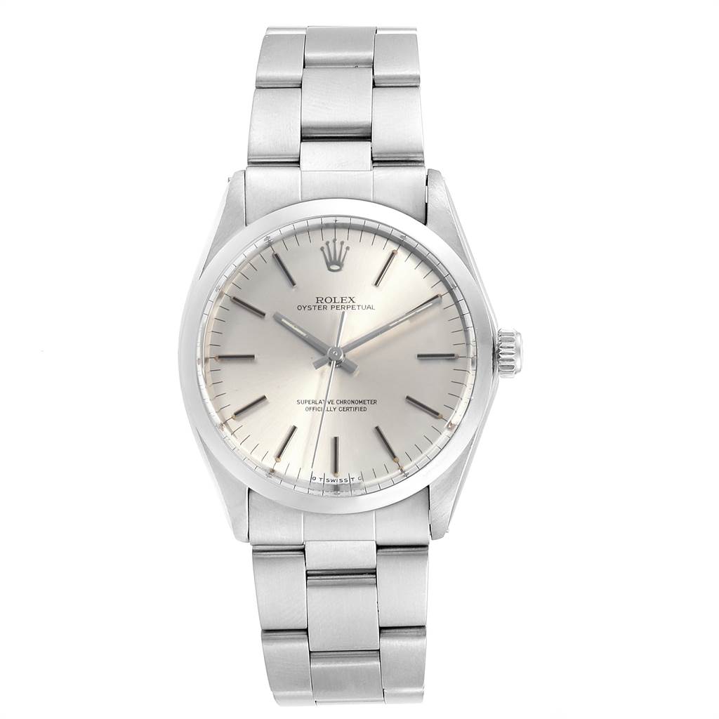 The image shows a front view of the Rolex Vintage Collection 1002 Men's Stainless Steel Silver Dial 1002 Men's Stainless Steel Silver Dial model watch, displaying its dial and bracelet.