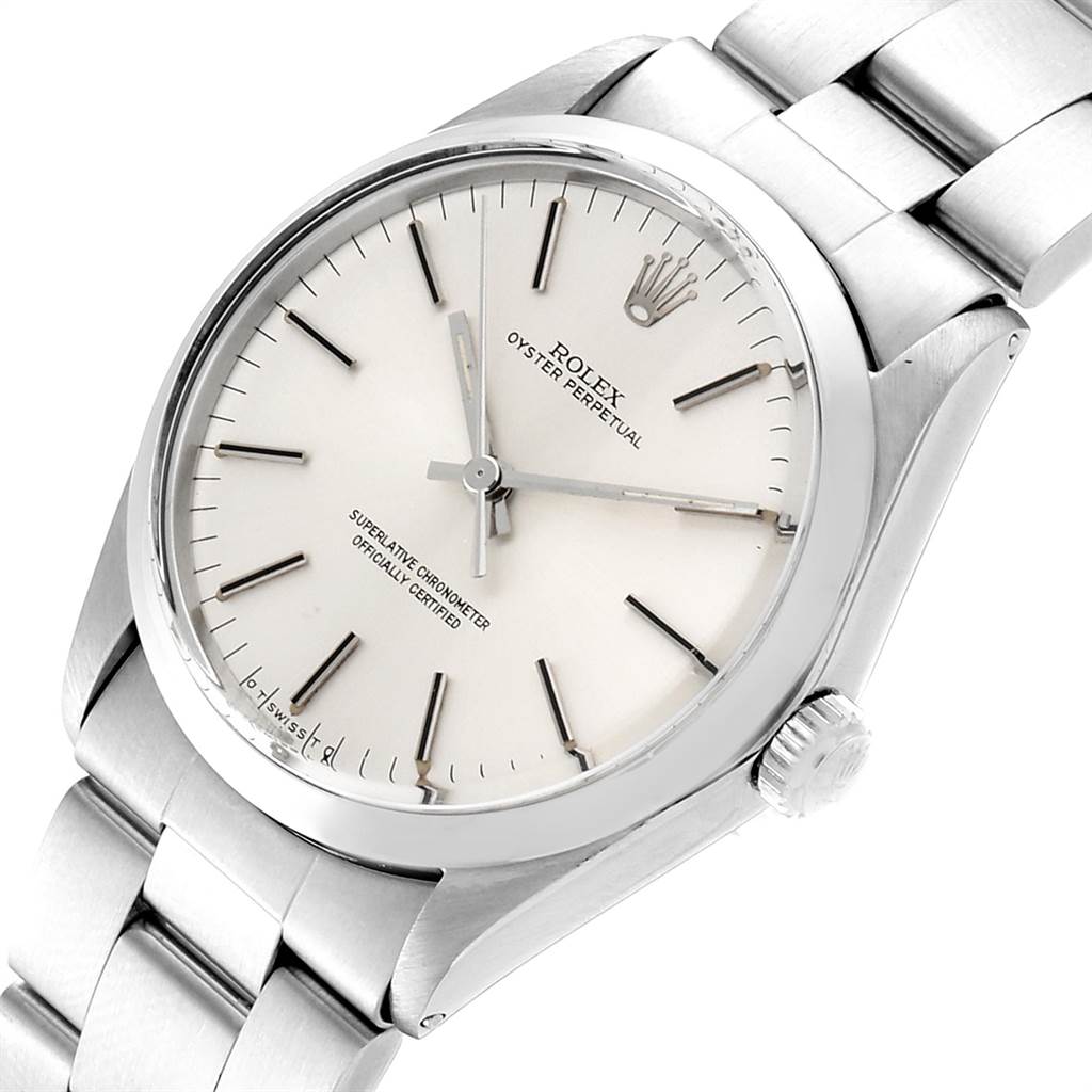 The Rolex Vintage Collection 1002 Men's Stainless Steel Silver Dial 1002 Men's Stainless Steel Silver Dial watch is shown from a tilted side angle, displaying its dial, hands, crown, and part of the bracelet.