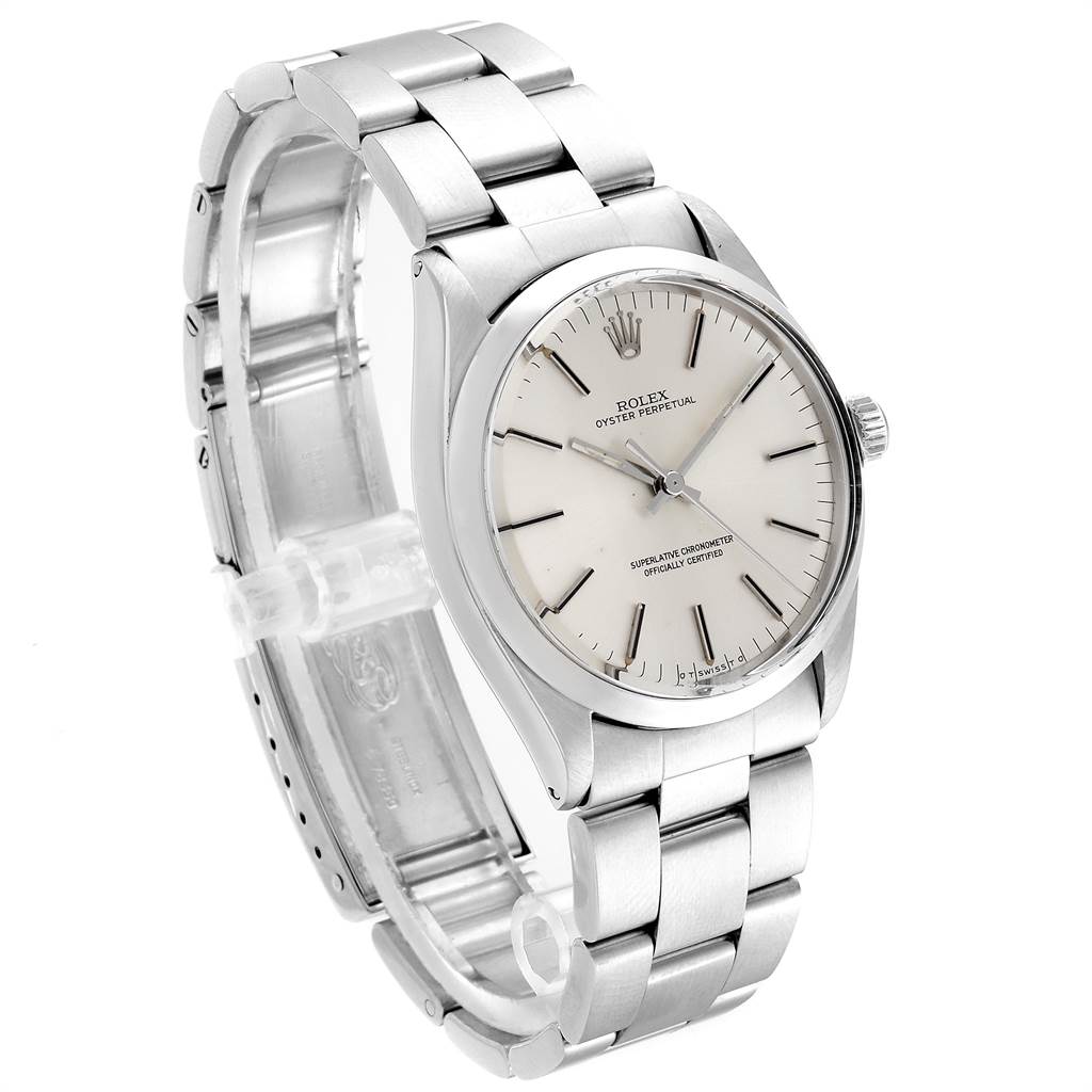 The image shows a side angle of the Rolex Vintage Collection 1002 Men's Stainless Steel Silver Dial 1002 Men's Stainless Steel Silver Dial watch, highlighting its bracelet, dial, and crown.