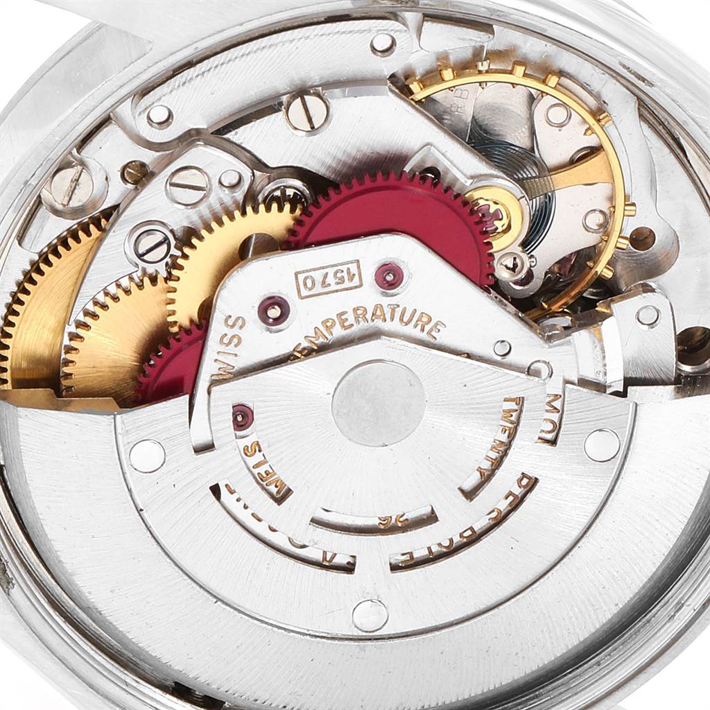 This is a close-up view of the internal mechanical movement of the Rolex Vintage Collection 1002 Men's Stainless Steel Silver Dial 1002 Men's Stainless Steel Silver Dial watch.