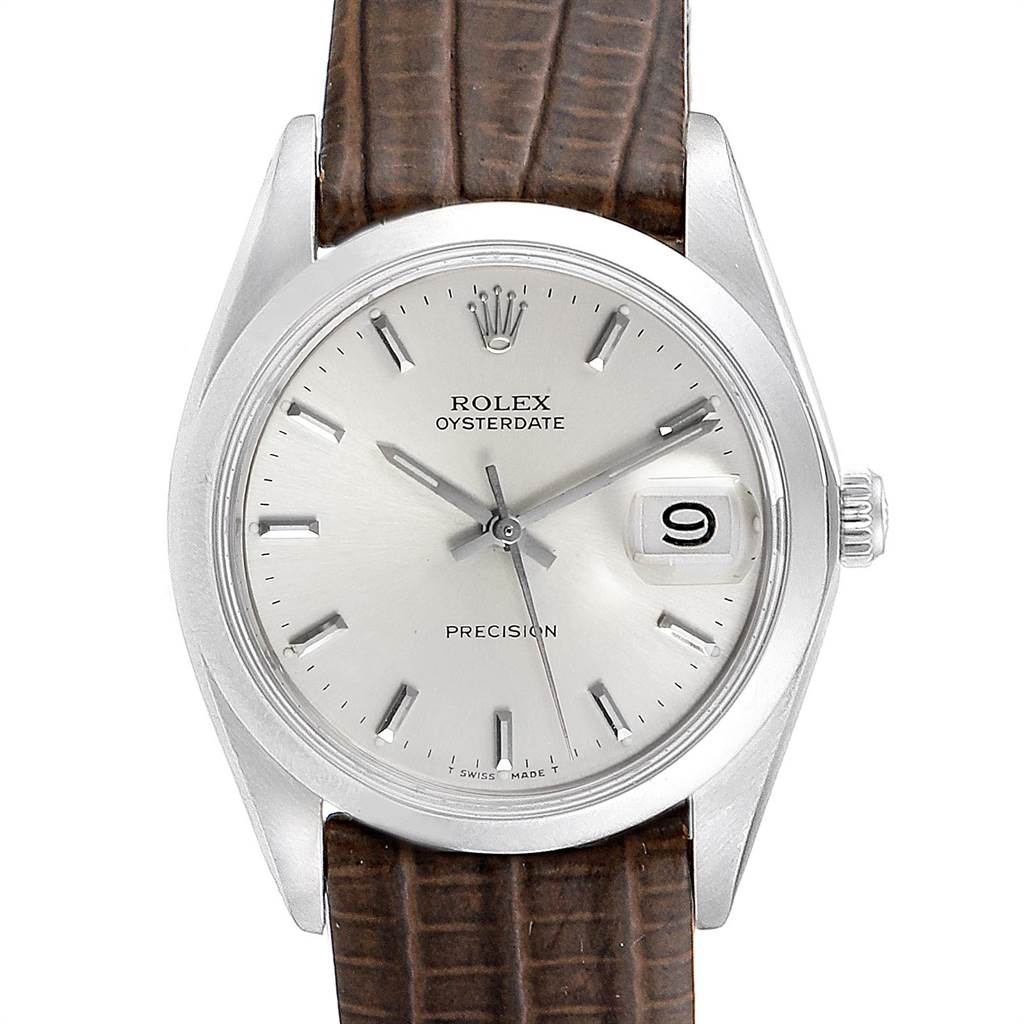 This image shows a front view of a Rolex Vintage Collection 6694 Men's Stainless Steel Silver Dial 6694 Men's Stainless Steel Silver Dial Oysterdate watch, featuring a white dial, date display, and brown leather strap.