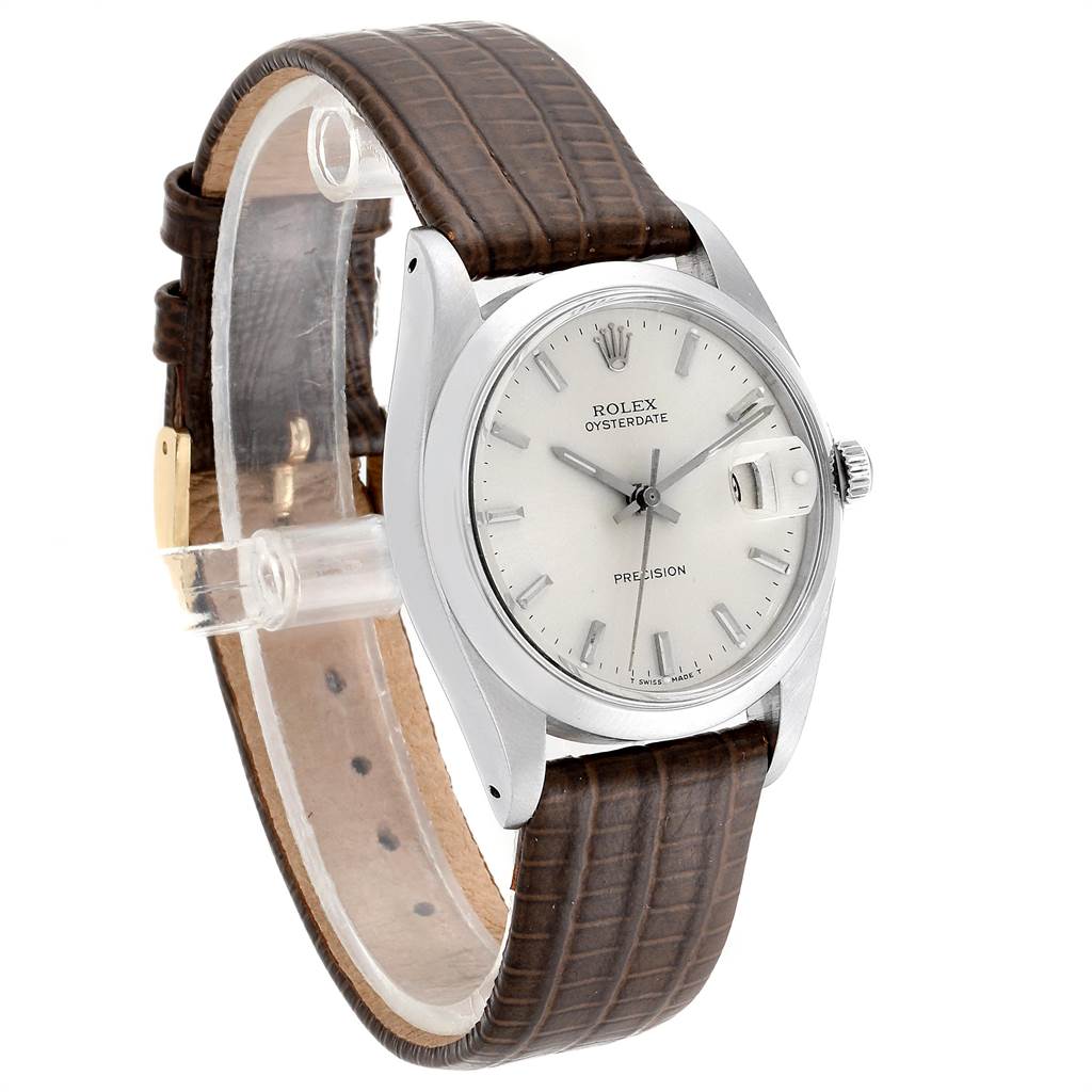 The Rolex Vintage Collection 6694 Men's Stainless Steel Silver Dial 6694 Men's Stainless Steel Silver Dial model is shown at a slight angle, highlighting its dial, crown, leather strap, and lugs.