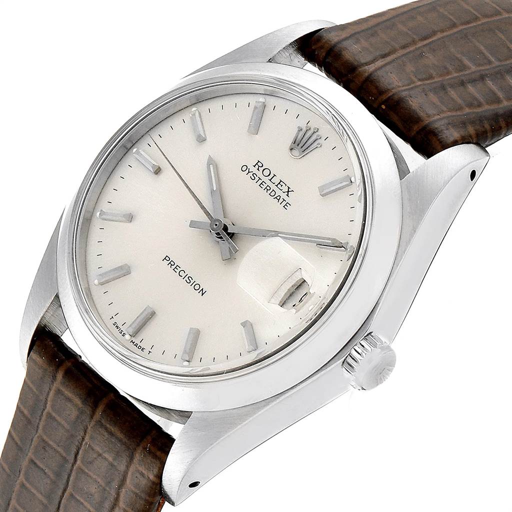 The Rolex Vintage Collection 6694 Men's Stainless Steel Silver Dial 6694 Men's Stainless Steel Silver Dial model is shown at an angled close-up view, highlighting the dial, crown, and leather strap.