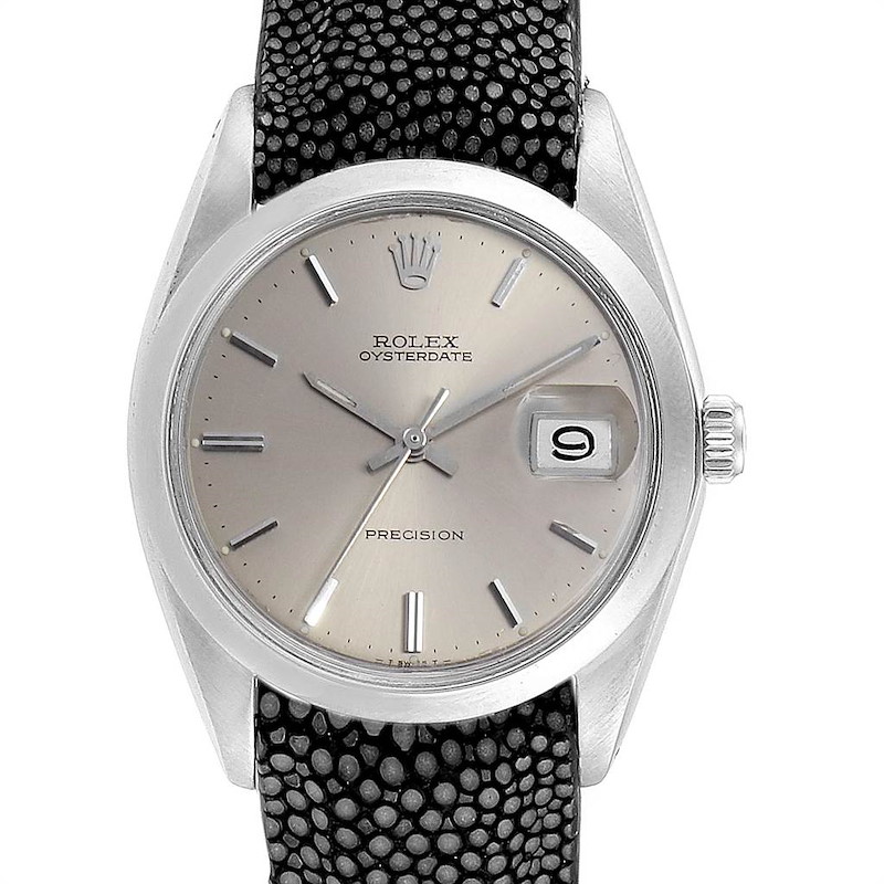 Rolex OysterDate Precision Grey Strap Steel Vintage Mens Watch 6694 SwissWatchExpo