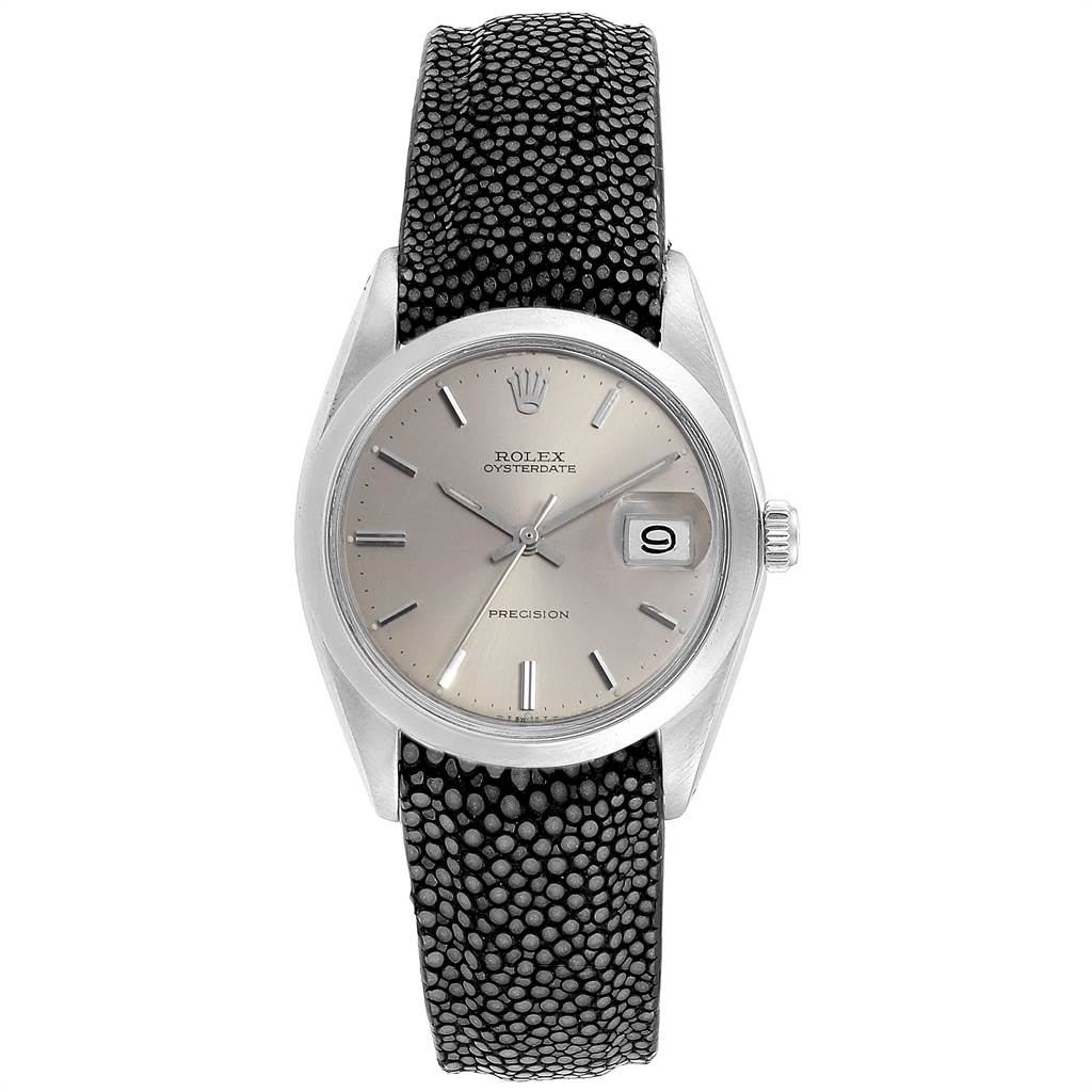 This image shows a front view of the Rolex Vintage Collection 6694 Men's Stainless Steel Silver Dial 6694 Men's Stainless Steel Silver Dial Oysterdate watch, highlighting the dial, bezel, and strap.