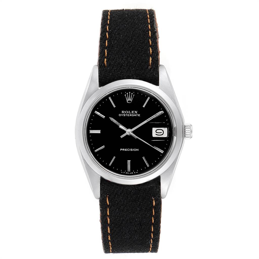 This image shows a front view of the Rolex Oysterdate Precision watch from the Vintage Collection, highlighting the black dial and date display.
