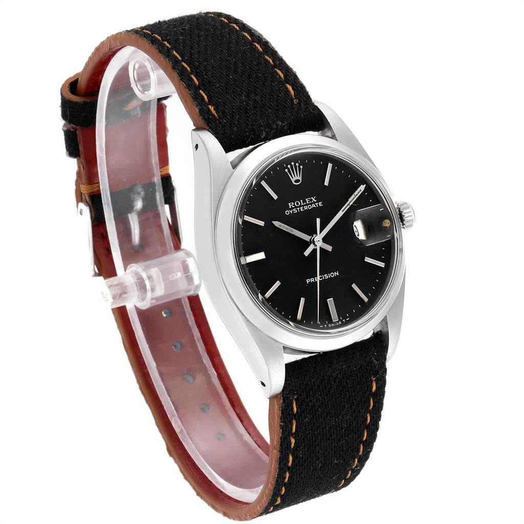 This image shows a Rolex Vintage Collection 6694 Men's Stainless Steel Black Dial 6694 Men's Stainless Steel Black Dial watch from a three-quarter angle, highlighting the face, case, crown, and strap.