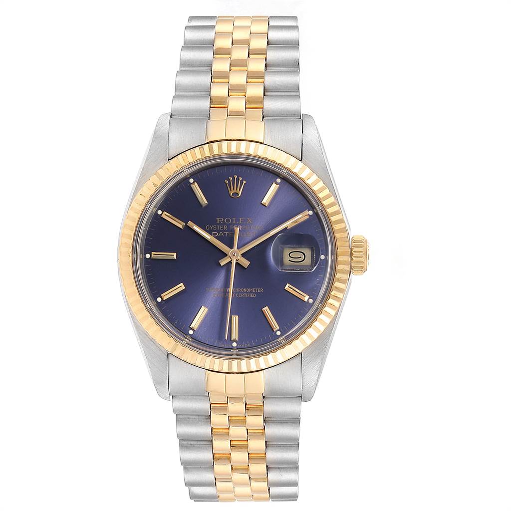 This image shows a frontal view of a Rolex Vintage Collection 16013 Men's Stainless Steel Blue Dial 16013 Men's Stainless Steel Blue Dial model with a golden bezel, two-tone bracelet, and a blue dial.