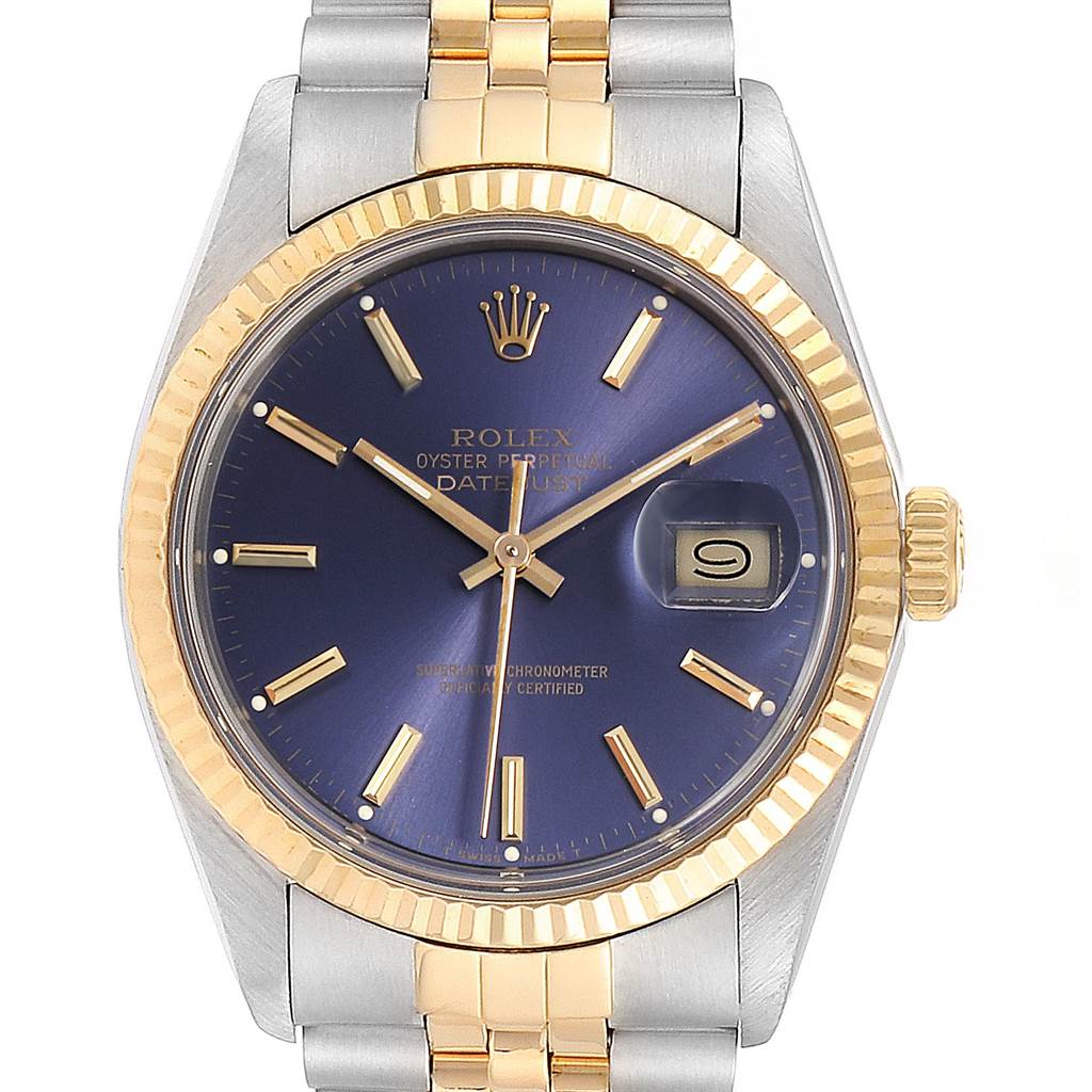 The image shows a frontal view of a Rolex Vintage Collection 16013 Men's Stainless Steel Blue Dial 16013 Men's Stainless Steel Blue Dial Oyster Perpetual Datejust watch, highlighting its face, bezel, bracelet, and crown.