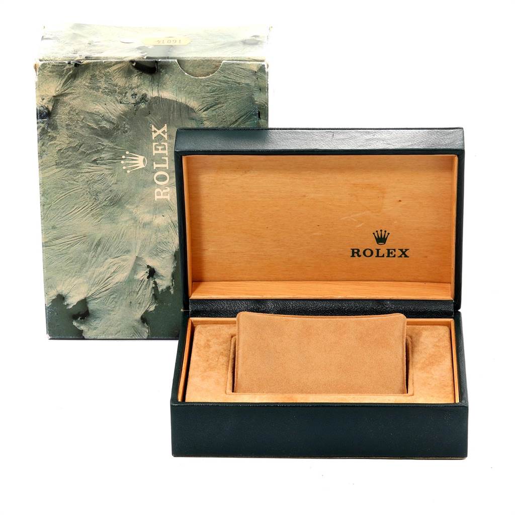 The image shows an open Rolex Vintage Collection 16013 Men's Stainless Steel Blue Dial 16013 Men's Stainless Steel Blue Dial watch box with its outer packaging.