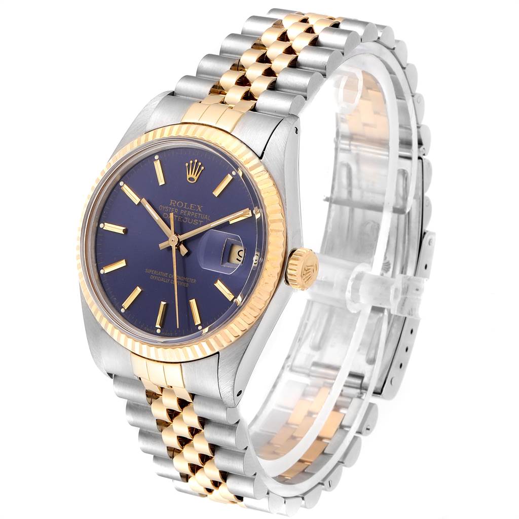 The image shows a Rolex Vintage Collection 16013 Men's Stainless Steel Blue Dial 16013 Men's Stainless Steel Blue Dial model watch in a three-quarter angle, highlighting its two-tone bracelet, blue dial, and gold bezel.