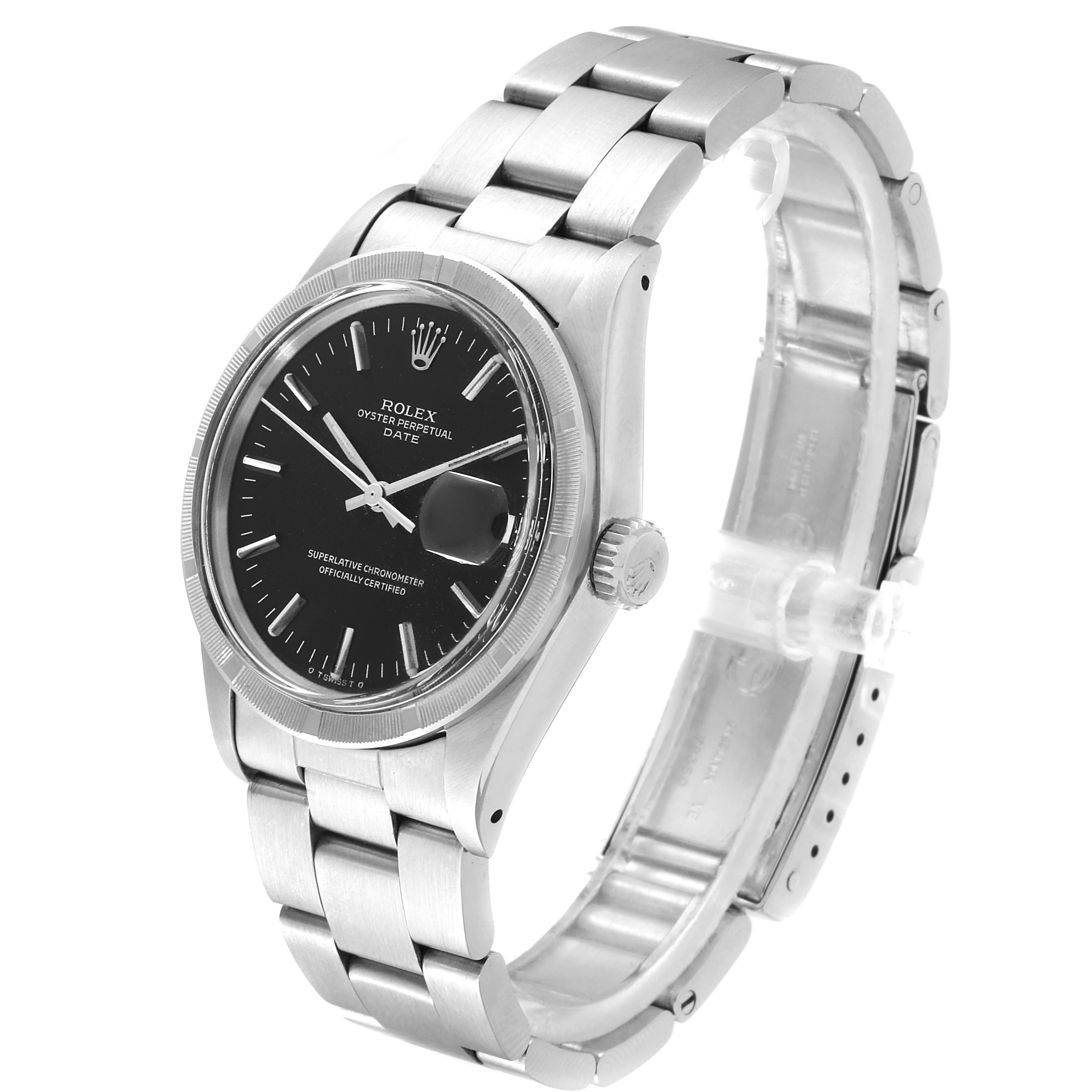 This image shows a Rolex Vintage Collection 1501 Men
s Stainless Steel Black Dial 1501 Men
s Stainless Steel Black Dial watch at a three-quarter angle, focusing on the dial, bezel, and bracelet.