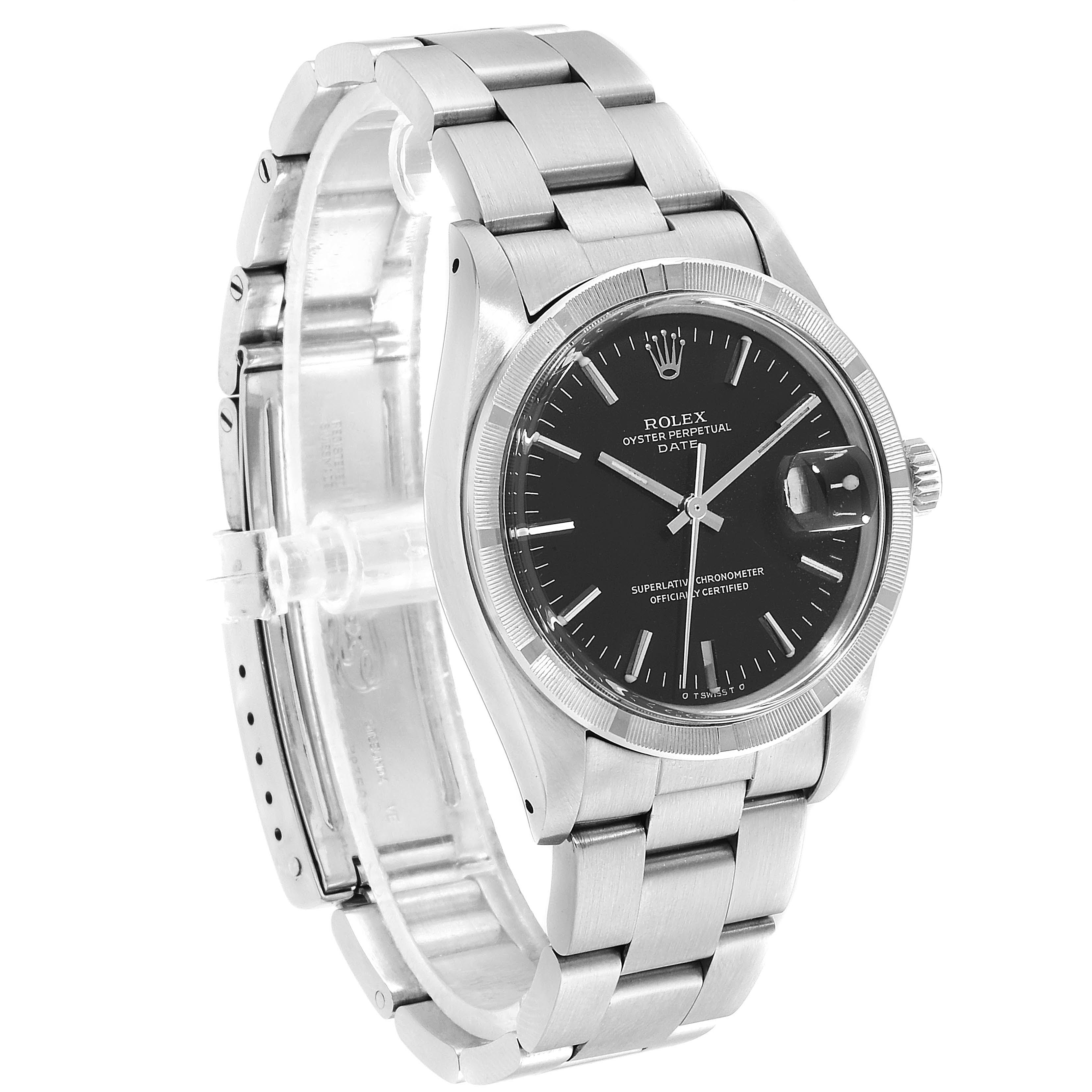 The image shows a side angle of the Rolex Vintage Collection 1501 Men
s Stainless Steel Black Dial 1501 Men
s Stainless Steel Black Dial model, highlighting the watch face, band, and partially open clasp.