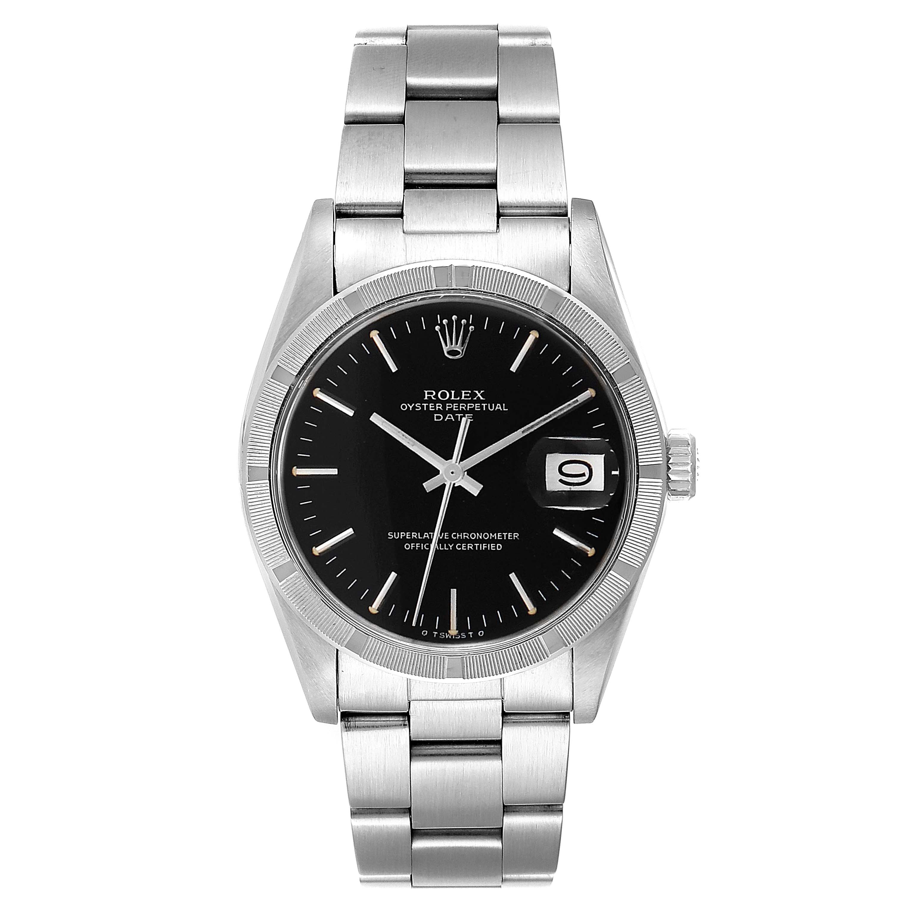 The watch shown is a Vintage Collection model by Rolex, viewed from the front, displaying the black dial, date window, and stainless steel bracelet.