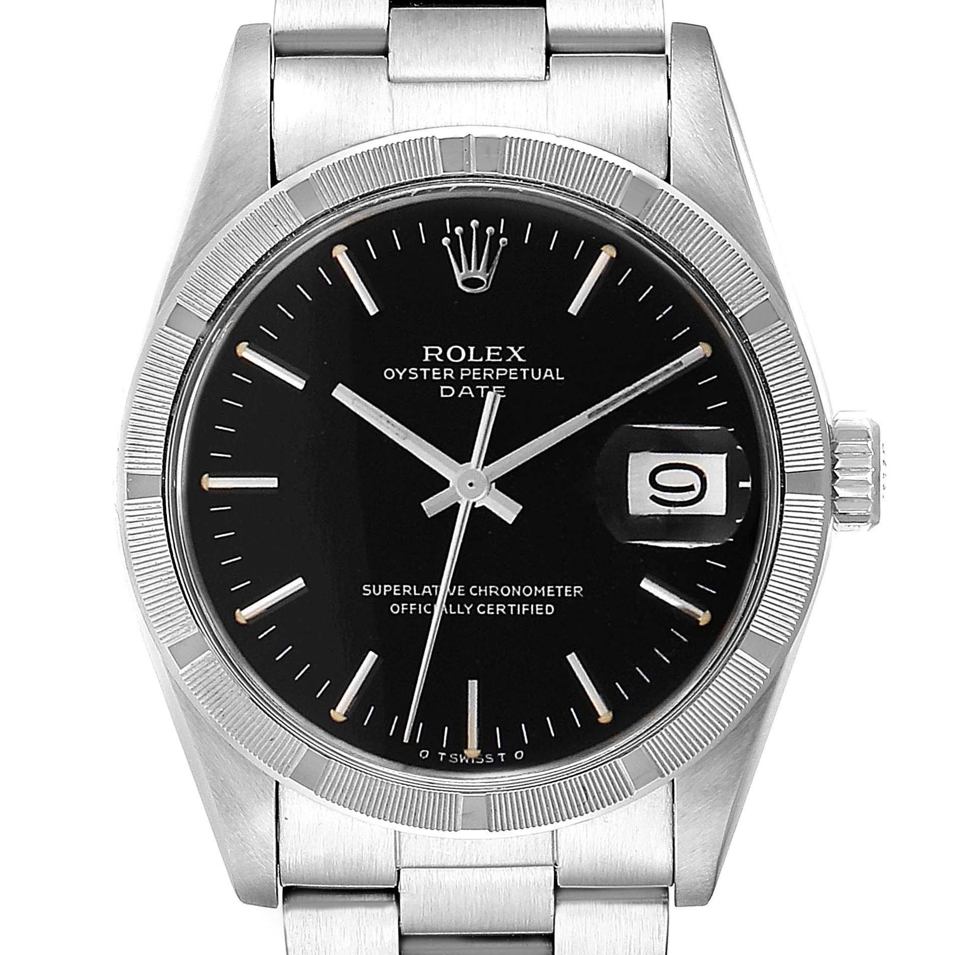 This image shows a front view of the Rolex Vintage Collection 1501 Men
s Stainless Steel Black Dial 1501 Men
s Stainless Steel Black Dial Oyster Perpetual Date watch, highlighting the dial, bezel, crown, and bracelet.