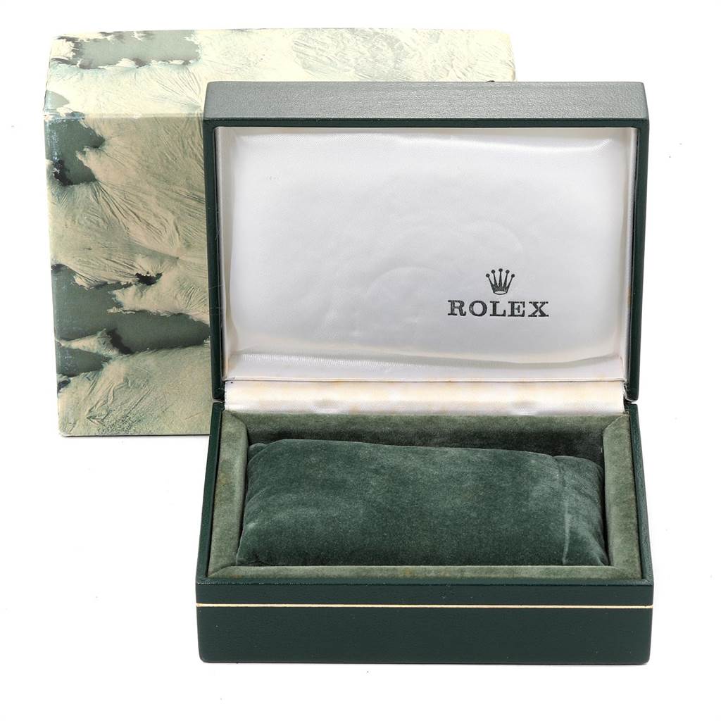 The image shows a Rolex Vintage Collection 1501 Men
s Stainless Steel Black Dial 1501 Men
s Stainless Steel Black Dial watch box, open, with the brand logo inside the lid.