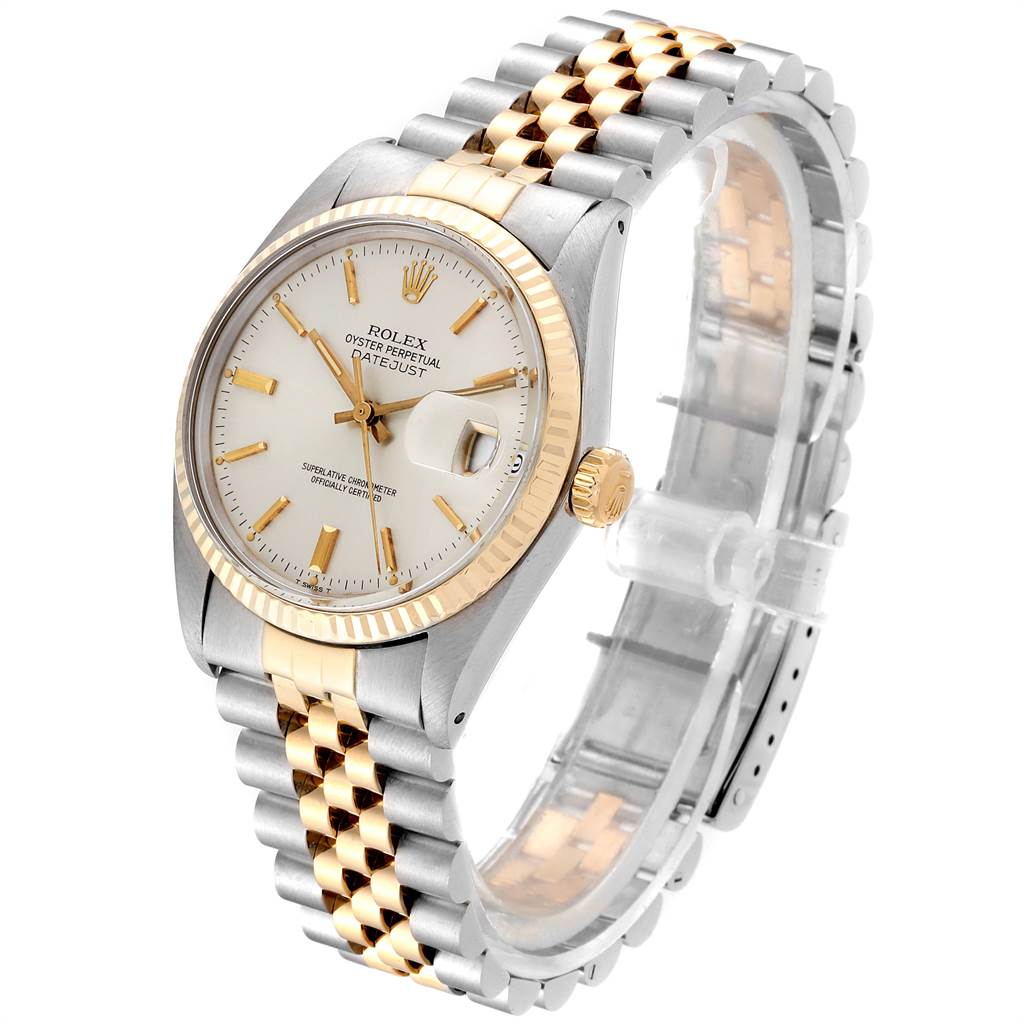 This image shows a Rolex Vintage Collection 16013 Men's Stainless Steel Silver Dial 16013 Men's Stainless Steel Silver Dial Oyster Perpetual Datejust watch from a three-quarter angle, highlighting the face, bezel, and bracelet.