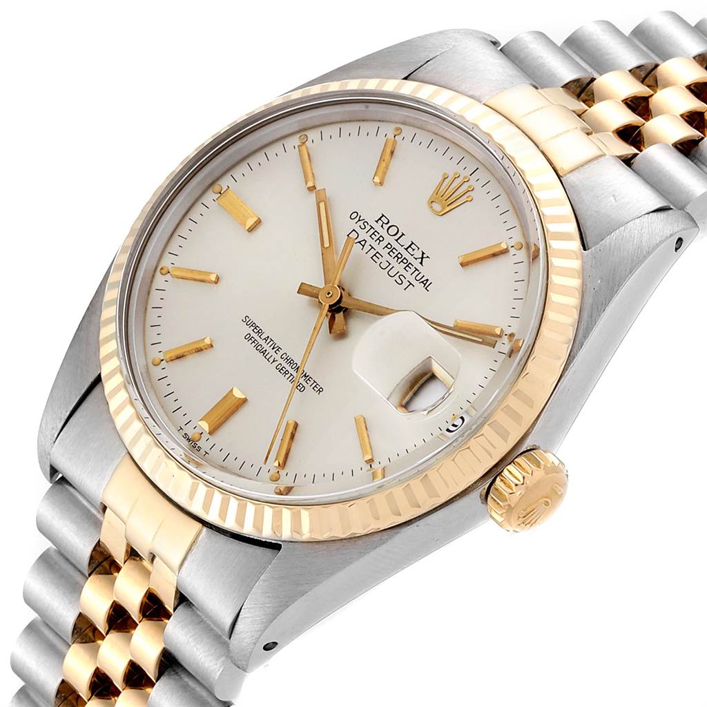 This image shows an angled view of the Rolex Vintage Collection 16013 Men's Stainless Steel Silver Dial 16013 Men's Stainless Steel Silver Dial Oyster Perpetual Datejust, highlighting the dial and bracelet.