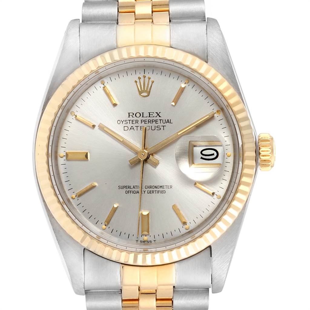 The image shows a front view of the Rolex Vintage Collection 16013 Men's Stainless Steel Silver Dial 16013 Men's Stainless Steel Silver Dial Datejust watch, highlighting the face, bezel, and bracelet.