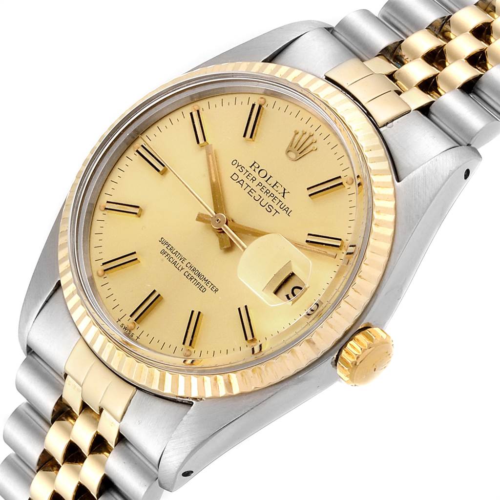 This image shows a close-up of a Rolex Vintage Collection 16013 Men's Stainless Steel Champagne Dial 16013 Men's Stainless Steel Champagne Dial model, highlighting the dial, case, bezel, and part of the bracelet.