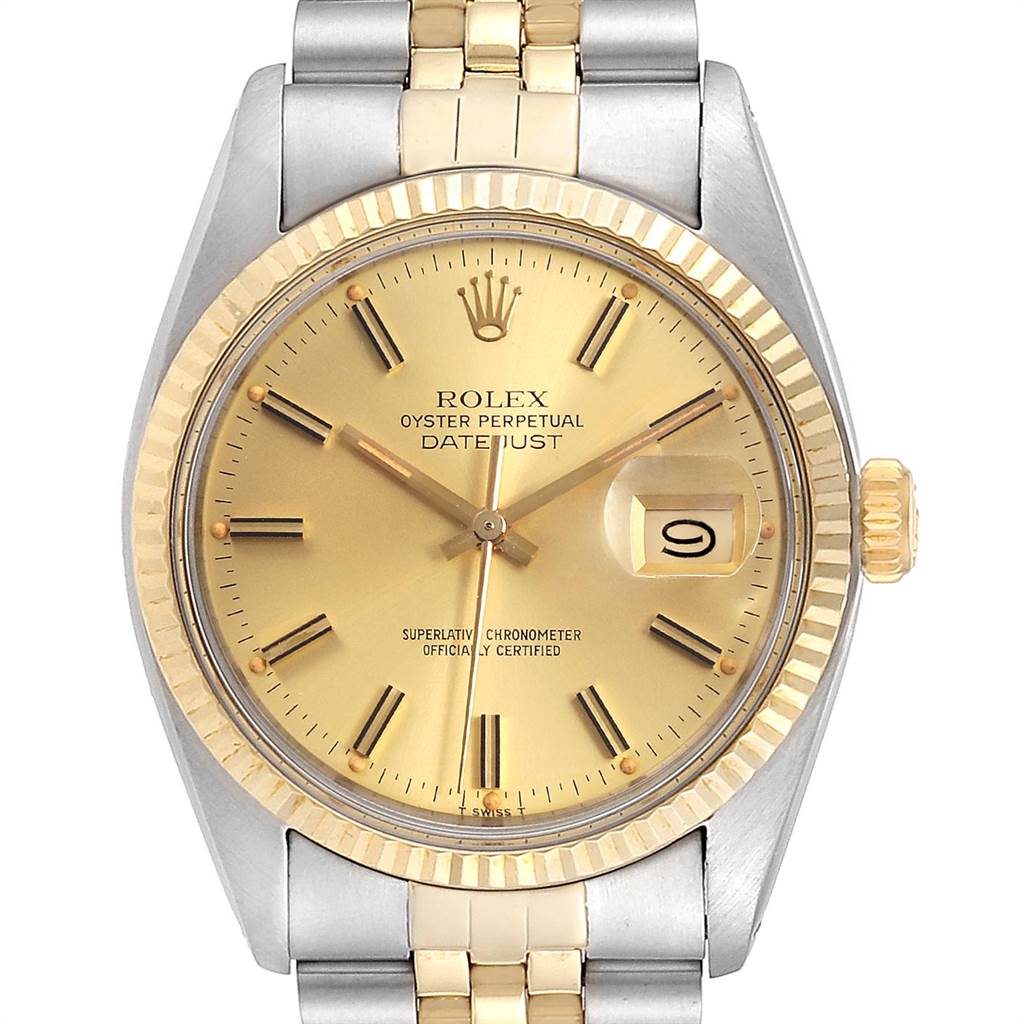 The image shows a front view of the Rolex Vintage Collection 16013 Men's Stainless Steel Champagne Dial 16013 Men's Stainless Steel Champagne Dial Datejust watch, highlighting the dial, bezel, crown, and bracelet.