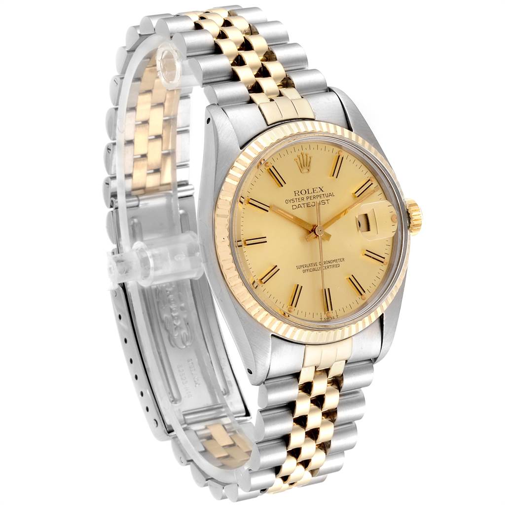 The Rolex Vintage Collection 16013 Men's Stainless Steel Champagne Dial 16013 Men's Stainless Steel Champagne Dial model watch is shown at a 3/4 angle, displaying the face, bezel, and two-tone bracelet.