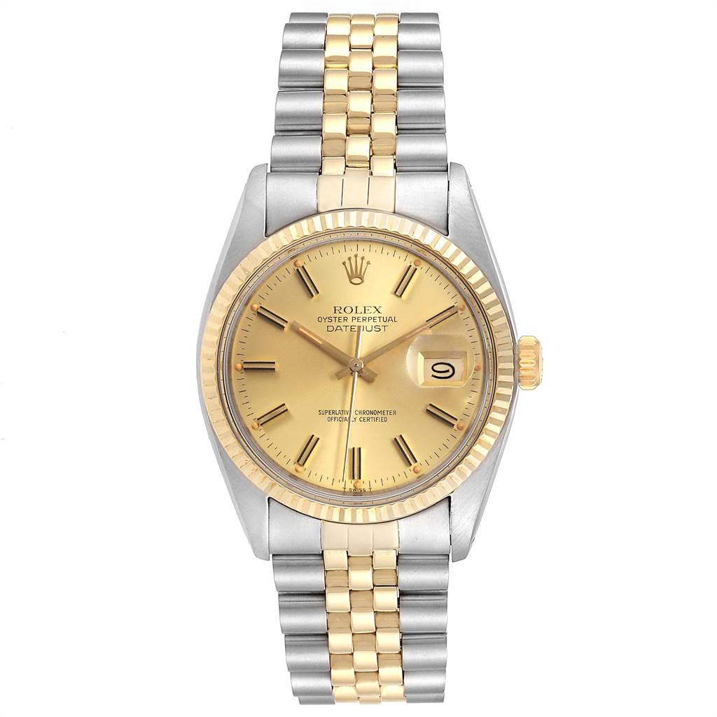 This image shows a frontal view of the Rolex Vintage Collection 16013 Men's Stainless Steel Champagne Dial 16013 Men's Stainless Steel Champagne Dial Datejust model, displaying the dial, bezel, and two-tone bracelet.