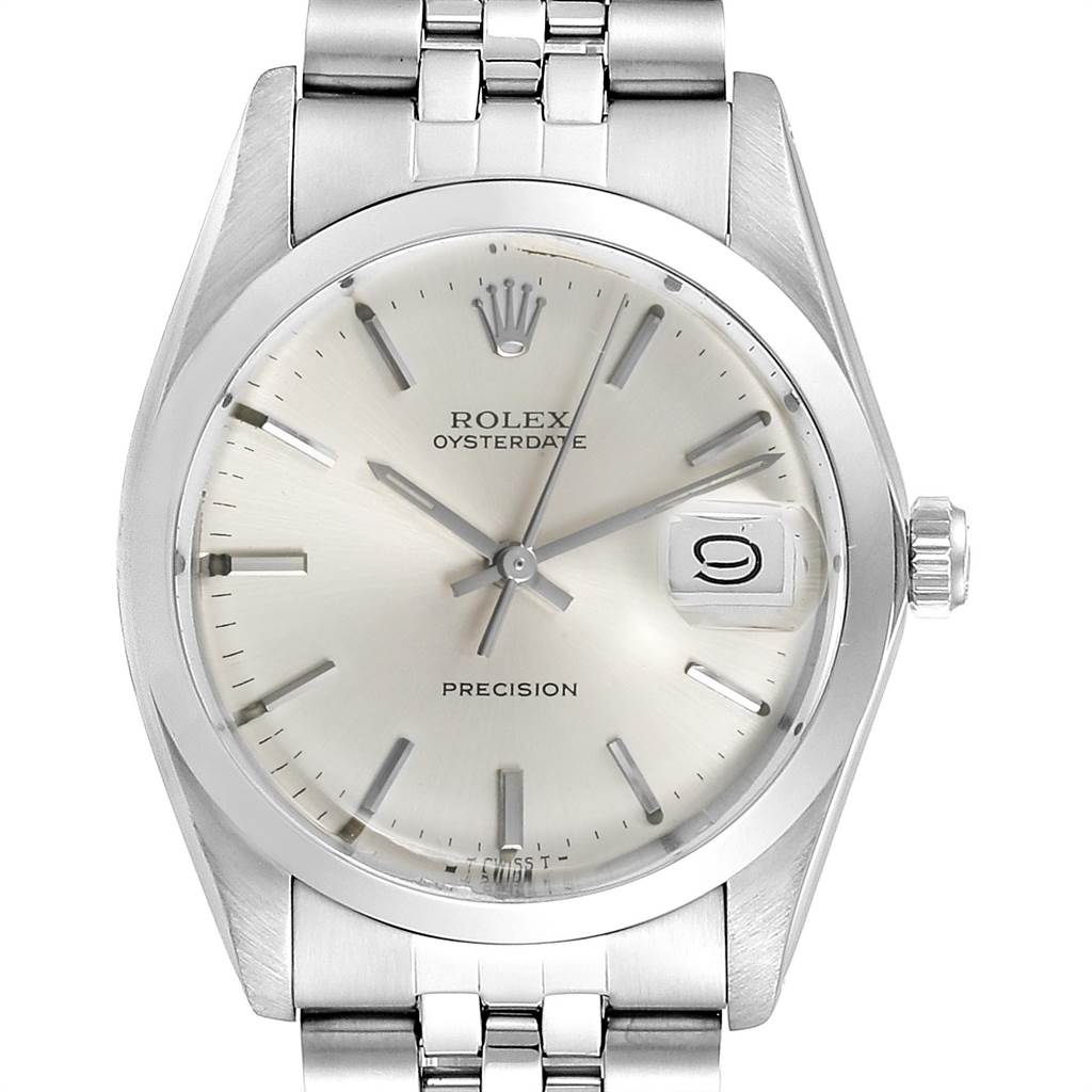 The image shows a front view of the Rolex Vintage Collection 6694 Men
s Stainless Steel Silver Dial 6694 Men
s Stainless Steel Silver Dial model watch, highlighting its face, bezel, and bracelet.