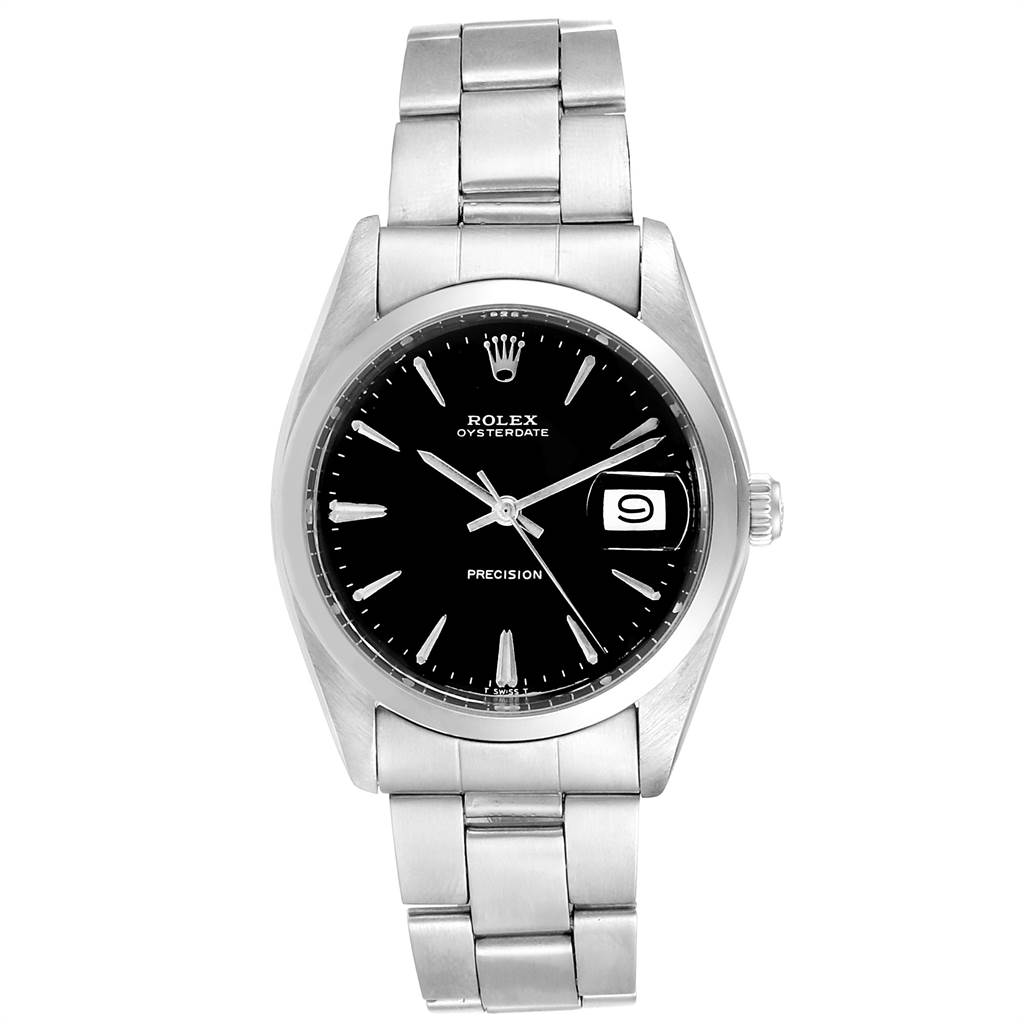 The image shows a front view of the Rolex Vintage Collection 6694 Men's Stainless Steel Black Dial 6694 Men's Stainless Steel Black Dial watch, displaying its dial, bracelet, and date complication.